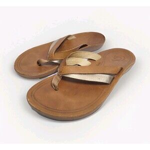 Olukai KaeKae Womens Size 7 Gold Brown Leather Flip Flop Sandals Beach Pool